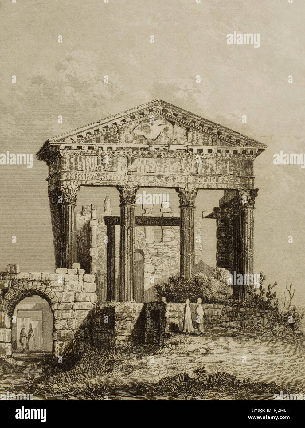 Temple of Ugga, ancient city of Carthage. Lemaitre direxit. Engraving. Panorama Universal. History of Carthage, 1850. Stock Photo