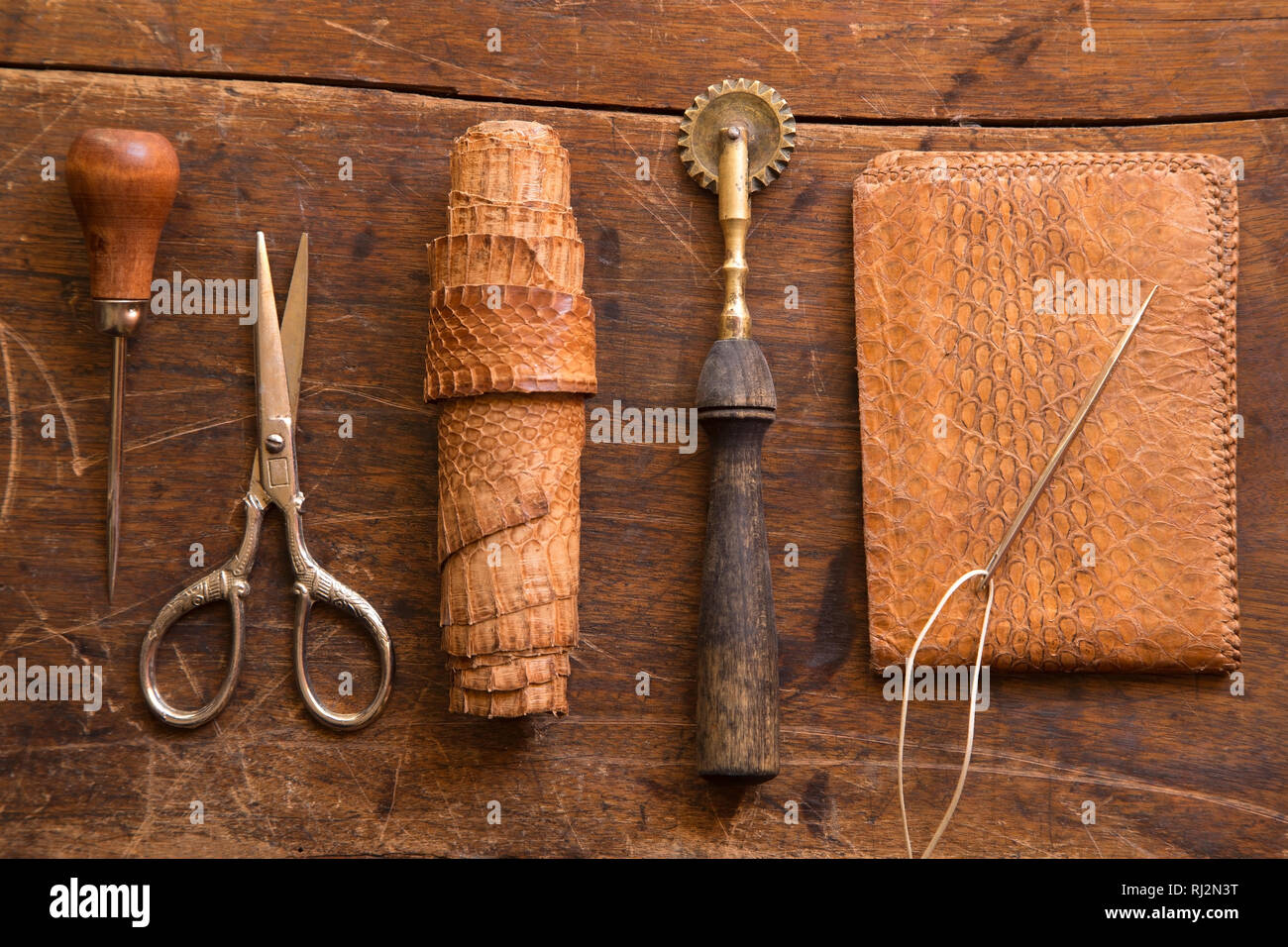 Leather Craft Accessories. Tools And Matherials On Dark Wooden Table  Background Top View. Stock Photo, Picture and Royalty Free Image. Image  83962191.