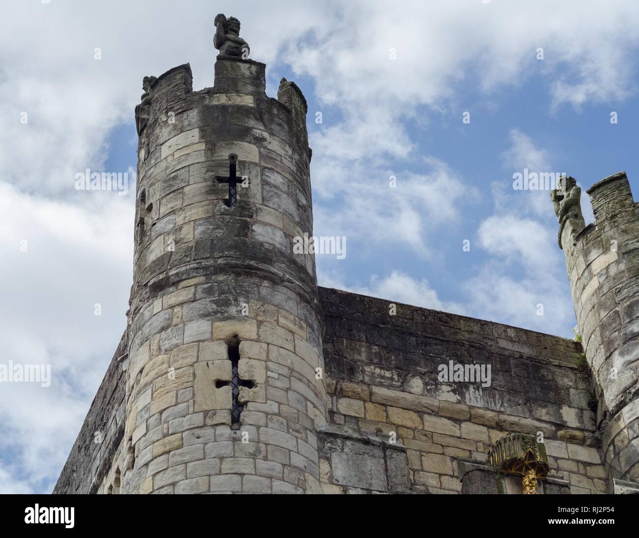 A gatehouse in the walled fortifications in York, England. Arrowslits are visible which provided defense against intruders. Stock Photo