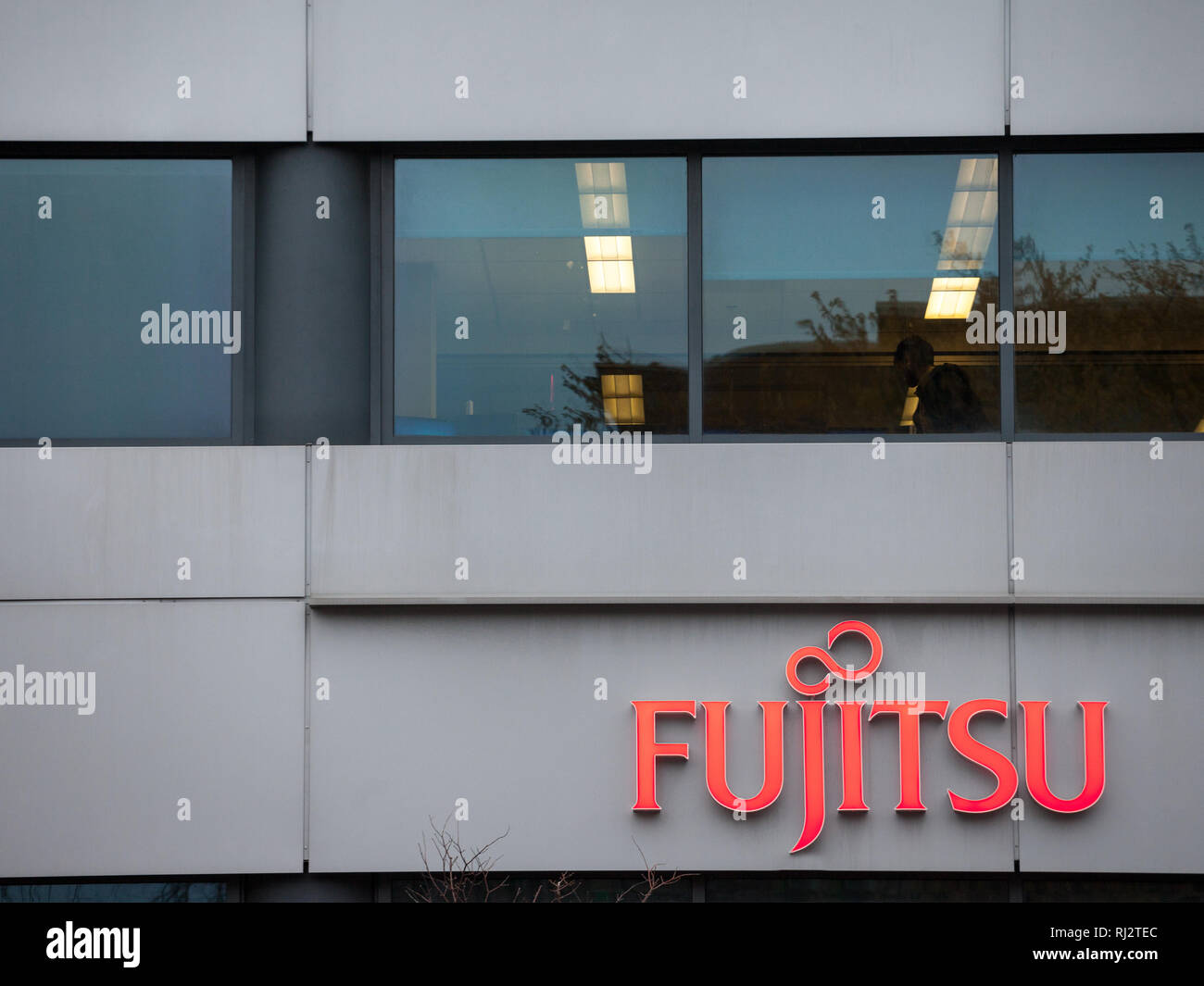 MONTREAL, CANADA - NOVEMBER 9, 2018: Fujitsu Bank logo on their main office for Montreal, Quebec. Fujitsu is a Japanese computer and IT equipment bran Stock Photo