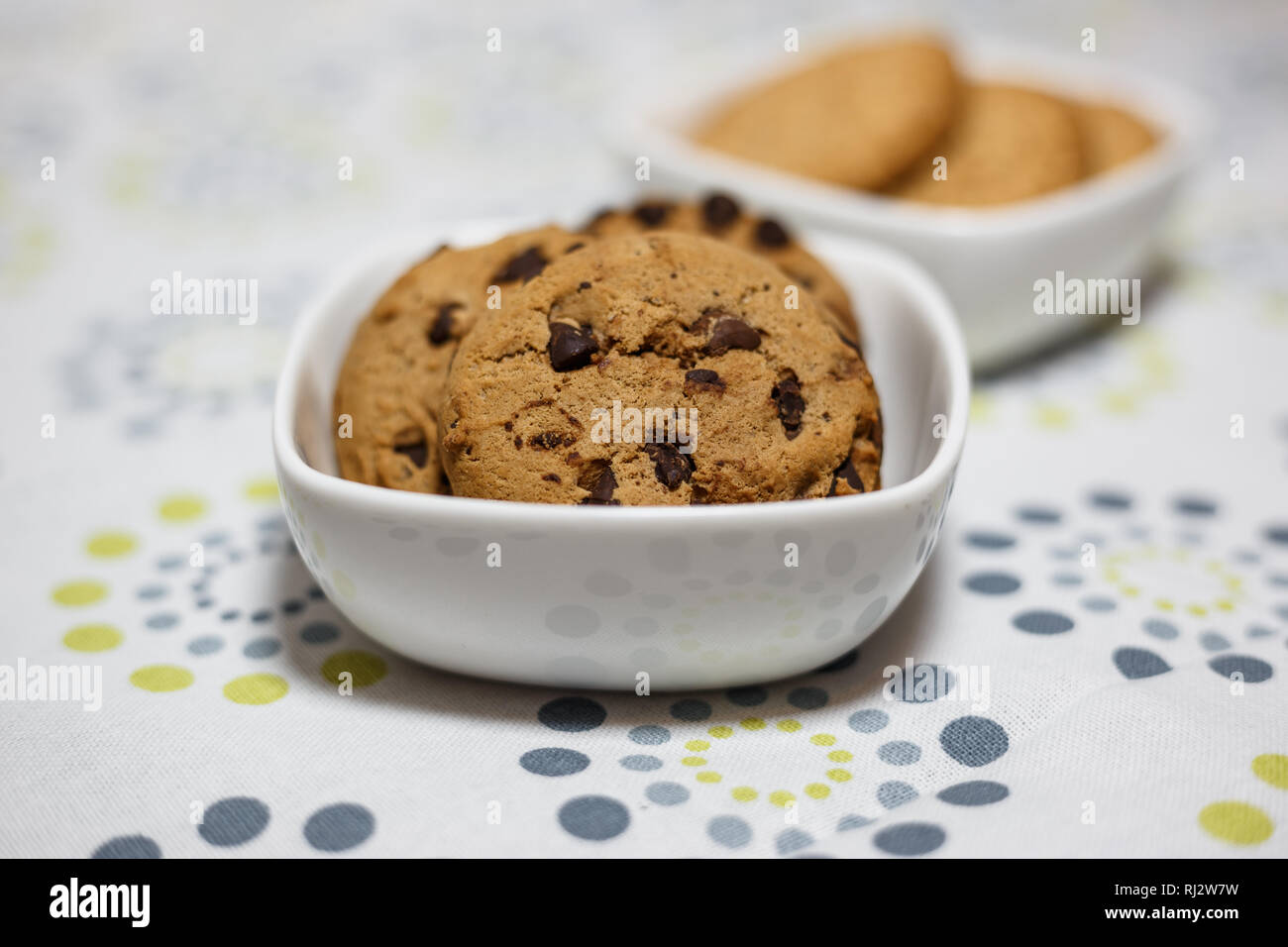 Close-up view of two different kind of cookies, oatmeal and chocolate chip cookies in the white bowls. Stock Photo