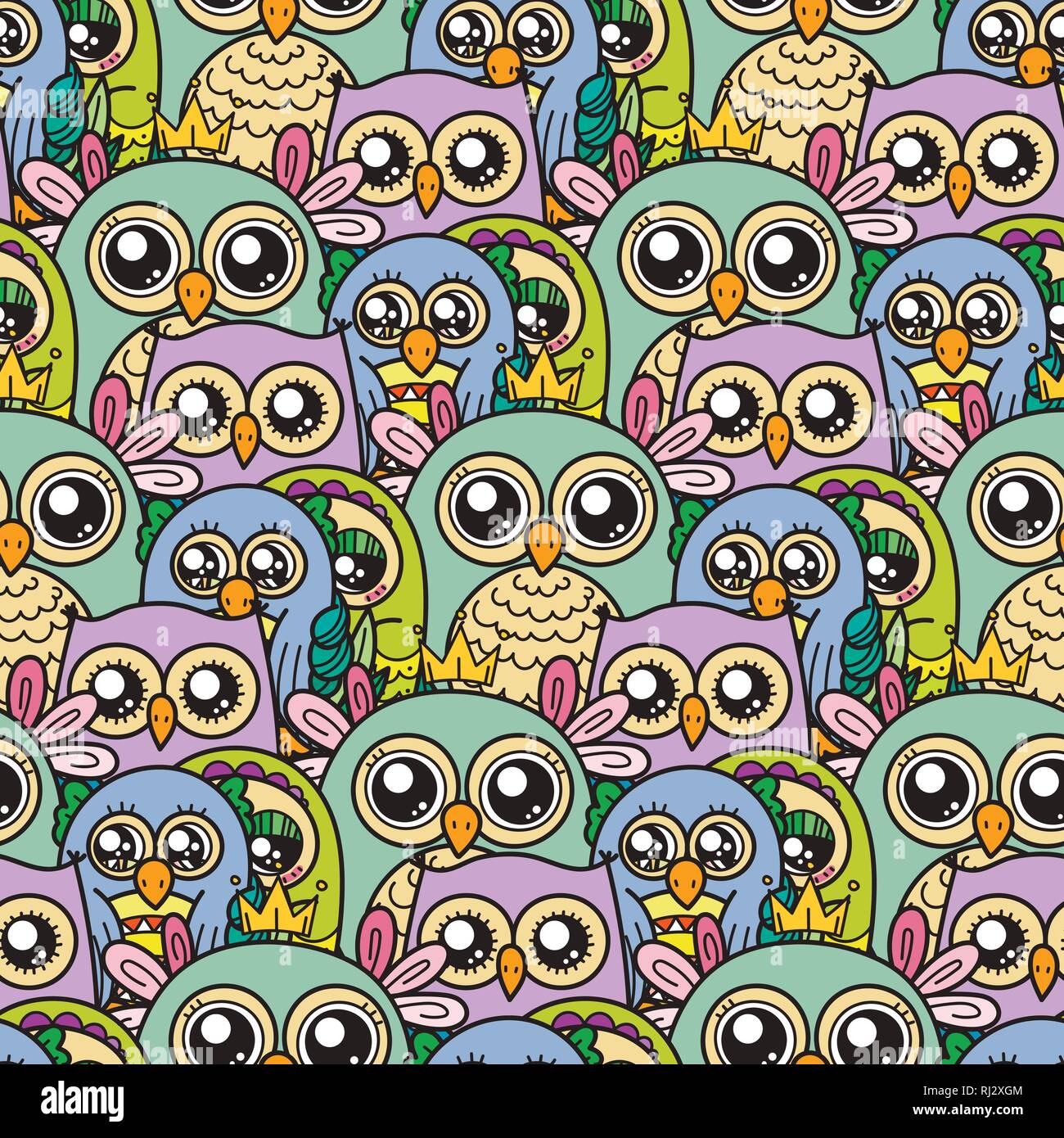 Seamless pattern with cute cartoon owls and furry owlets in pastel ...