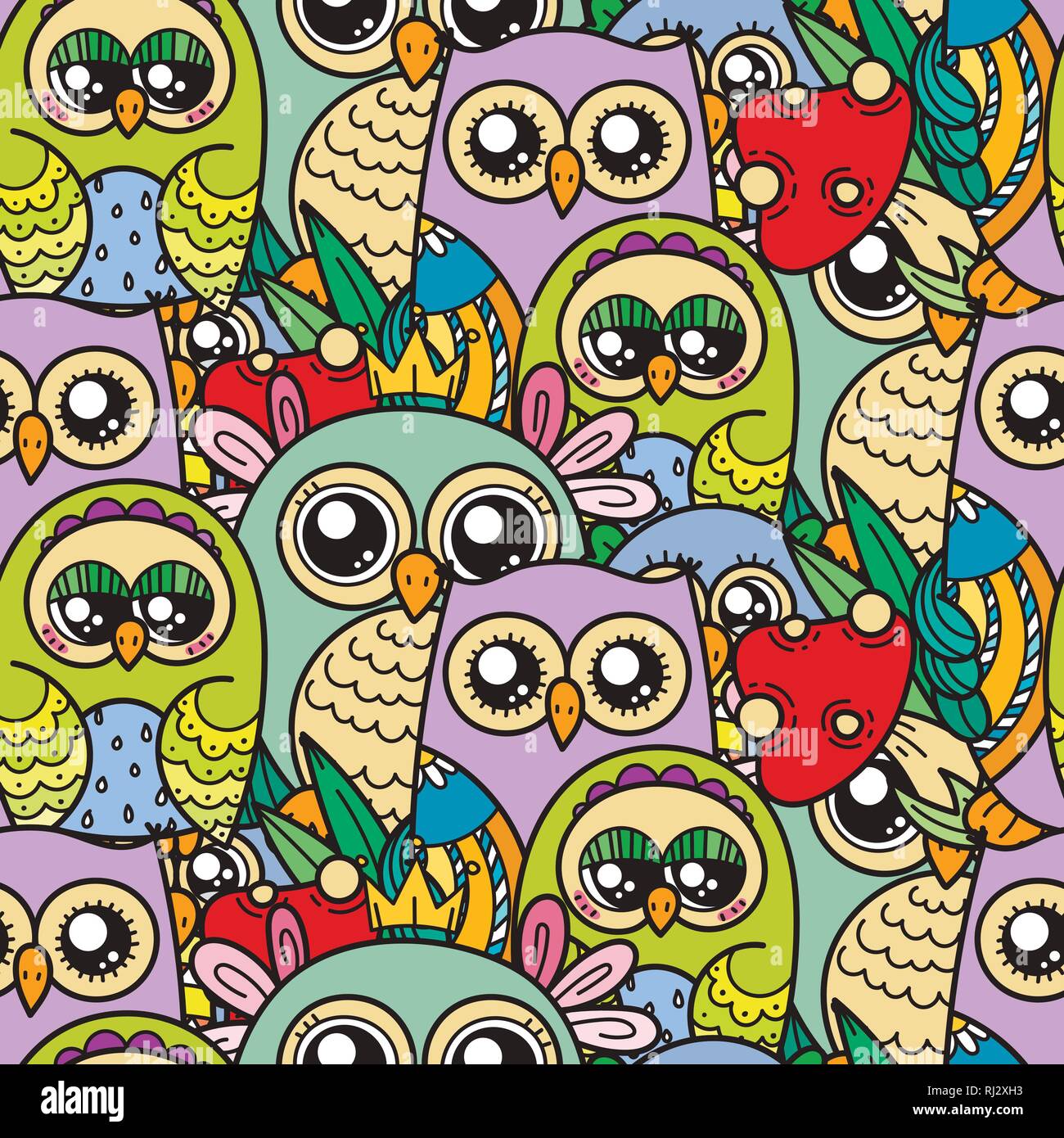 Seamless pattern with cute cartoon owls and furry owlets in pastel ...