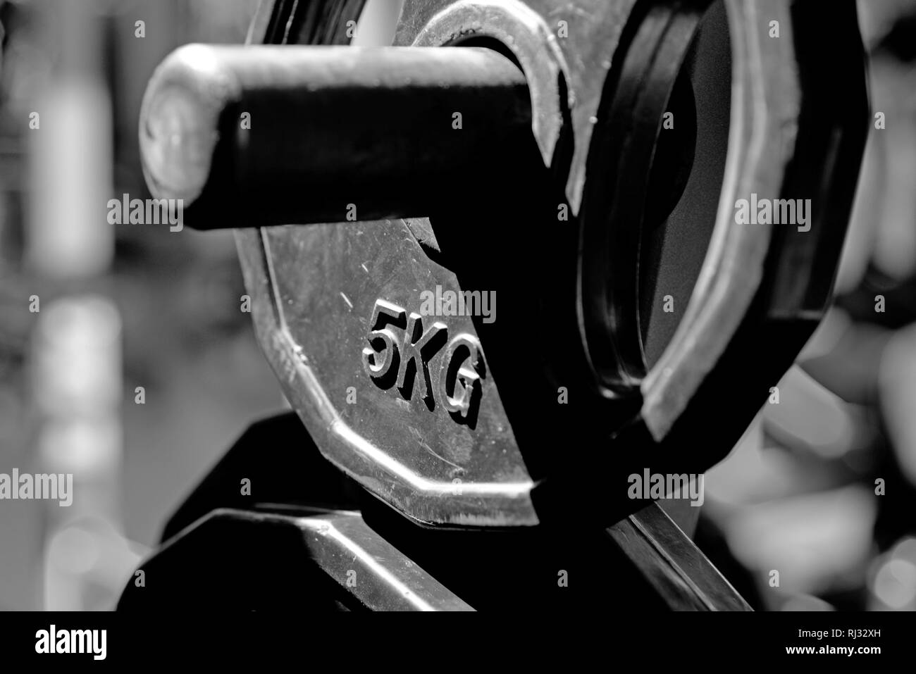 5kg barbell or dumbell. sport training and weightloss. Metal barbell. fit your body and lose weight. Weight Plates in gym. Abandoned gym concept. no Stock Photo