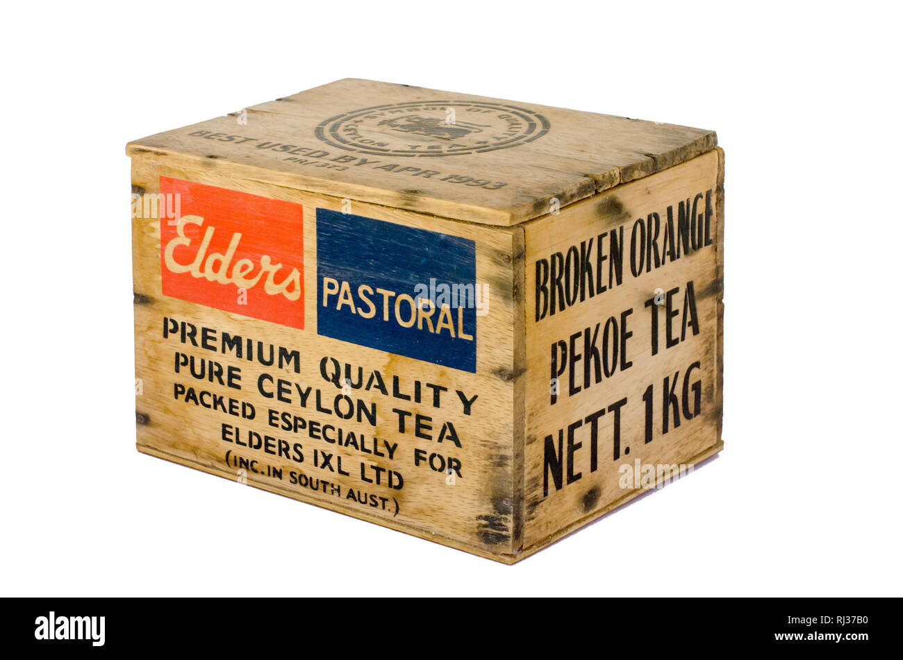 Small Wooden Box previously containing 1kg of Pure Ceylon Broken Orange Pekoe Tea. Stock Photo