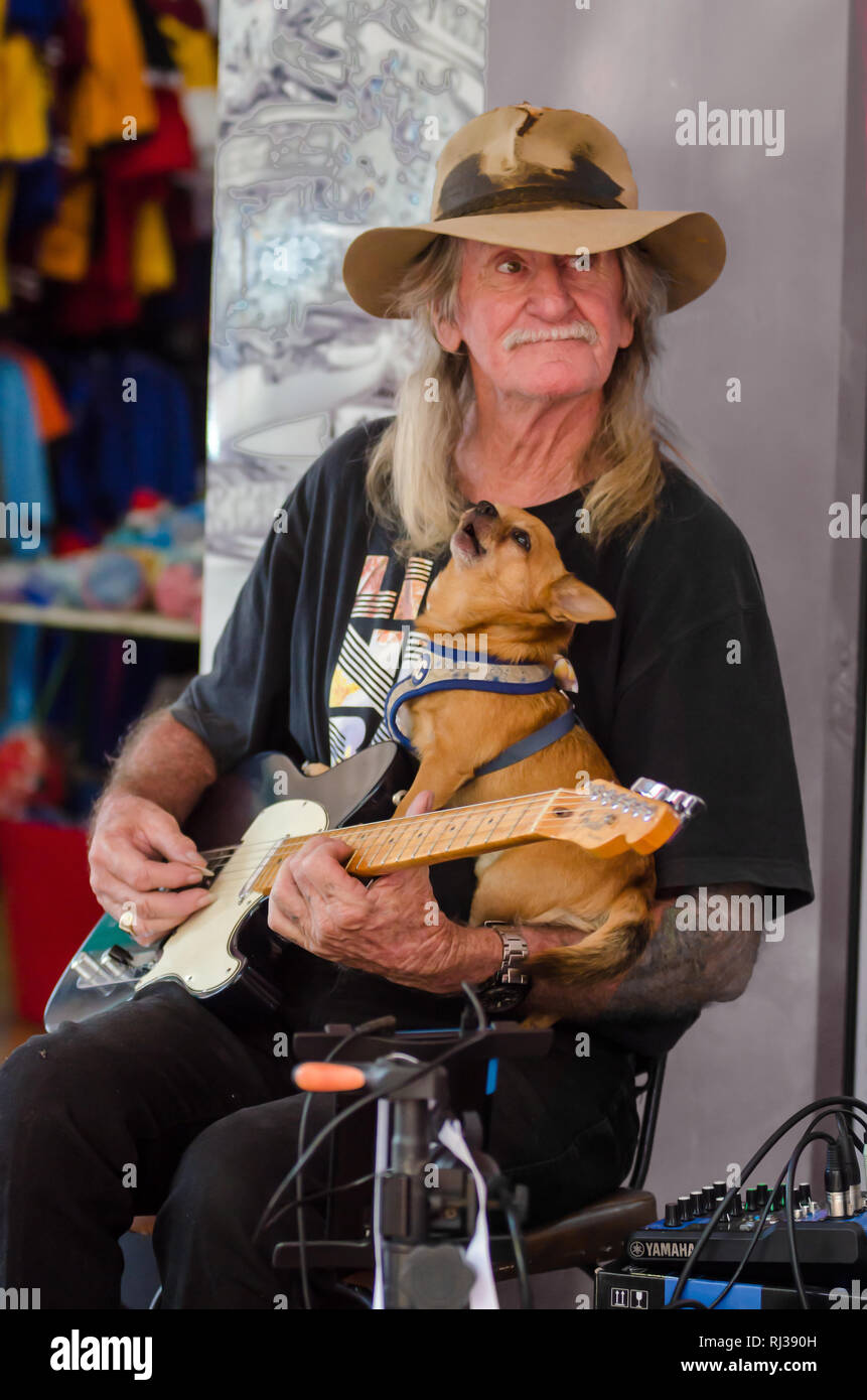 Guitar player Doug Alexander and his dog busking at Tamworth Country Music Festival 2019. Stock Photo