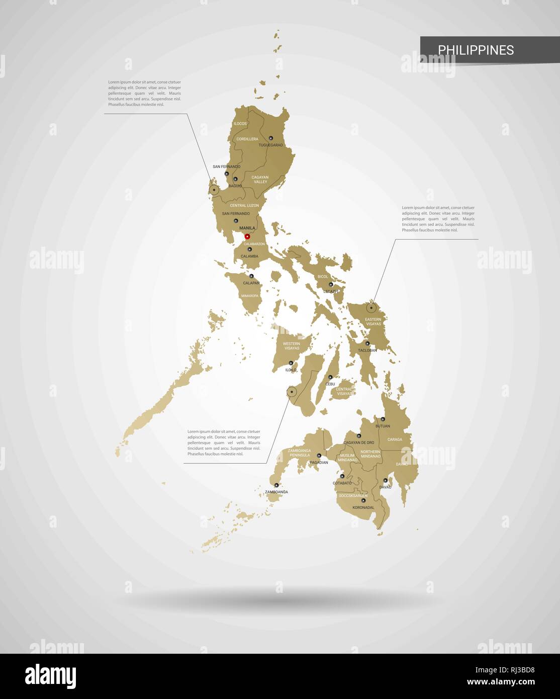 3d Map Of The Philippines Stylized Vector Philippines Map. Infographic 3D Gold Map Illustration With  Cities, Borders, Capital, Administrative Divisions And Pointer Marks, Shad  Stock Vector Image & Art - Alamy
