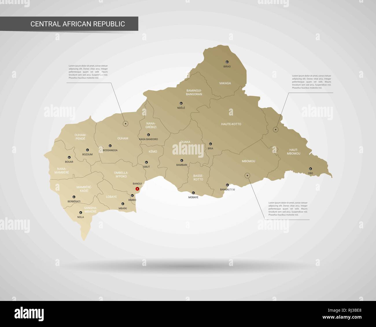 Stylized vector Central African Republic map. Infographic 3d gold map ...