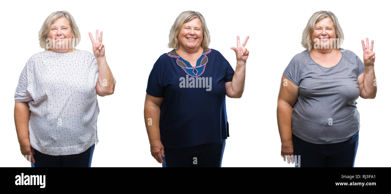 Collage of senior fat woman over isolated background showing and pointing  up with fingers number three while smiling confident and happy Stock Photo  - Alamy