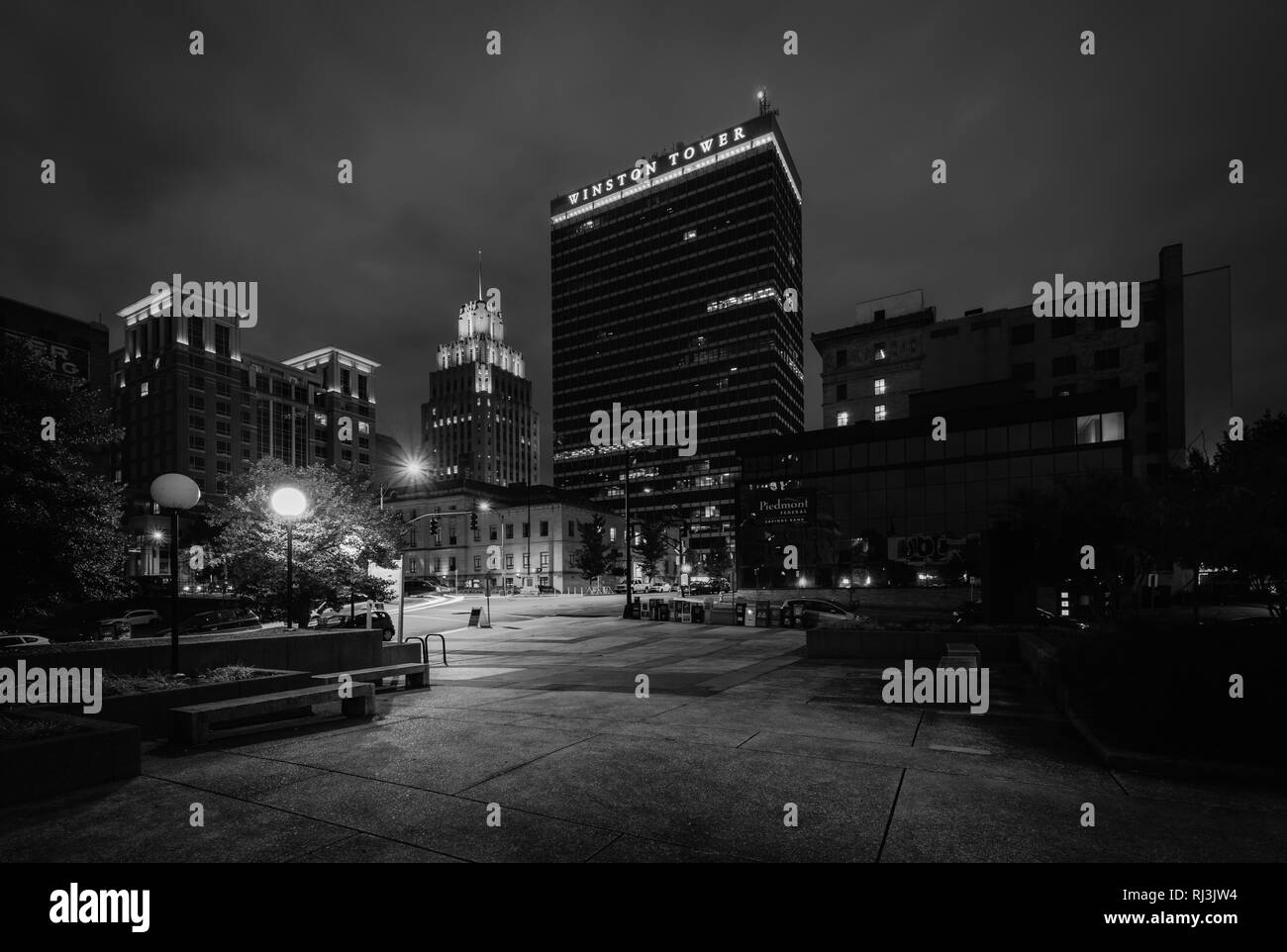 Buildings in downtown at night, in Winston-Salem, North Carolina. Stock Photo