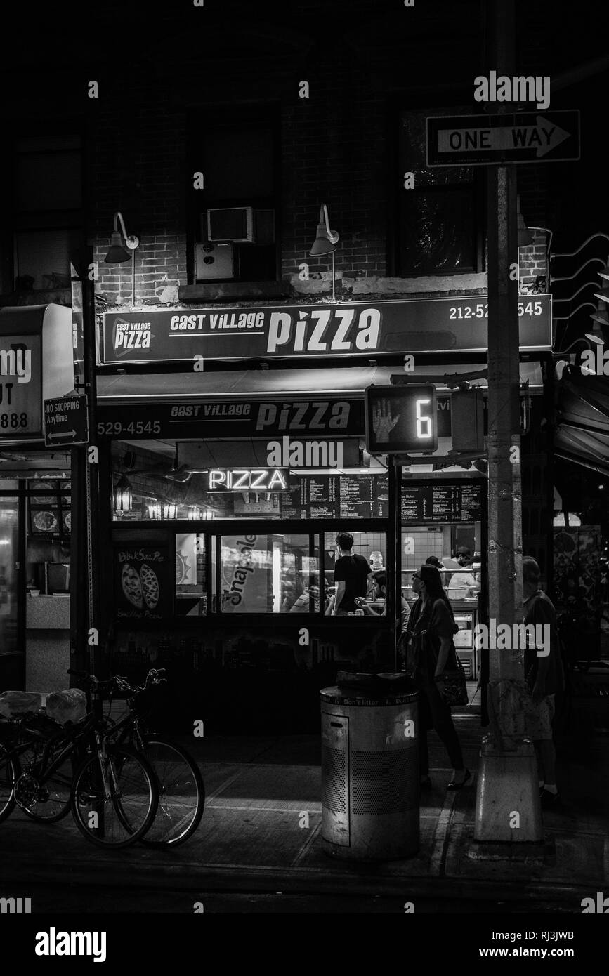 East Village Pizza at night, in the East Village, Manhattan, New York