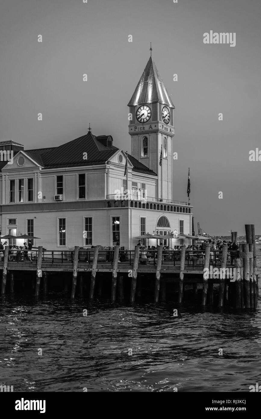 The Pier A Harbor House at night, in Battery Park, Manhattan, New York