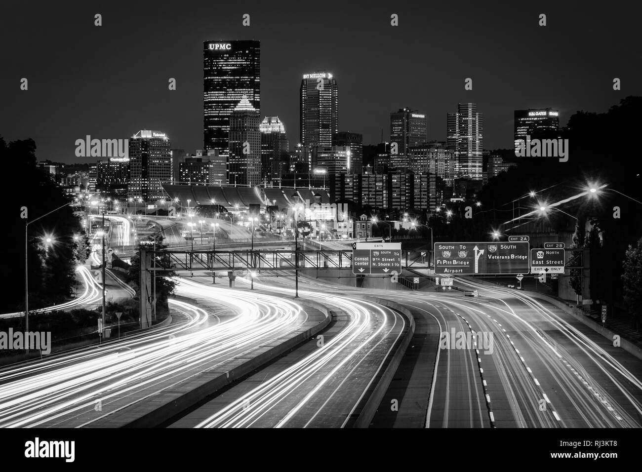 The Pittsburgh skyline and I279 at night, in Pittsburgh, Pennsylvania