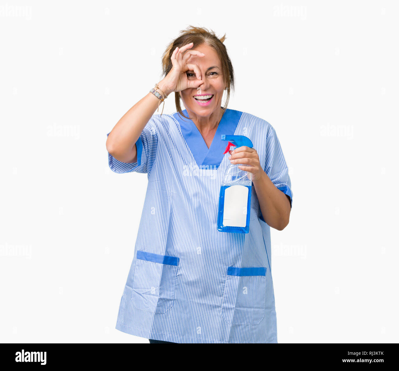 Middle age brunette cleaner woman wearing housework uniform over ...