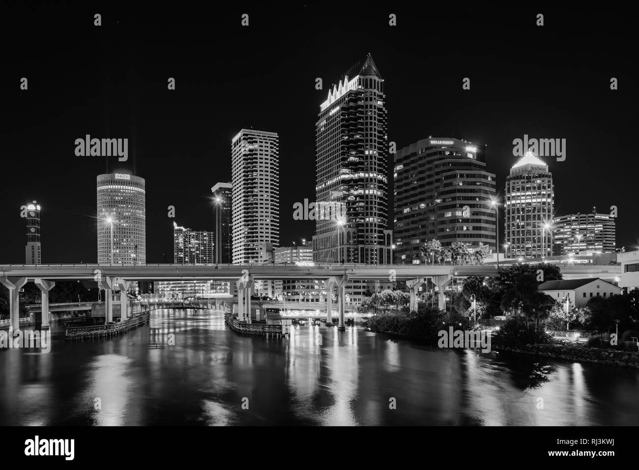 Downtown Tampa City Skyline At Night Black & White Wall Art. Tampa
