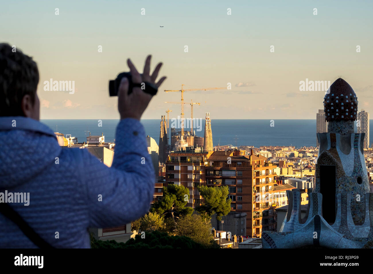 Panoramic of Barcelona from Park Guell. Garden complex with architectural elements situated on the hill of el Carmel. Designed by the Catalan architec Stock Photo