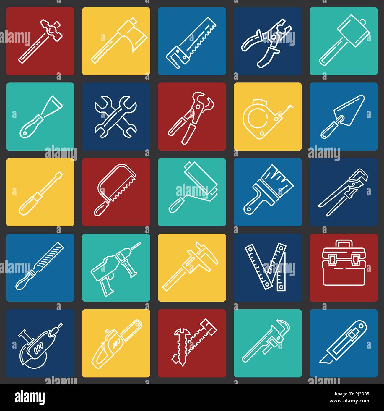 Tools icons line set on color squares background for graphic and web ...