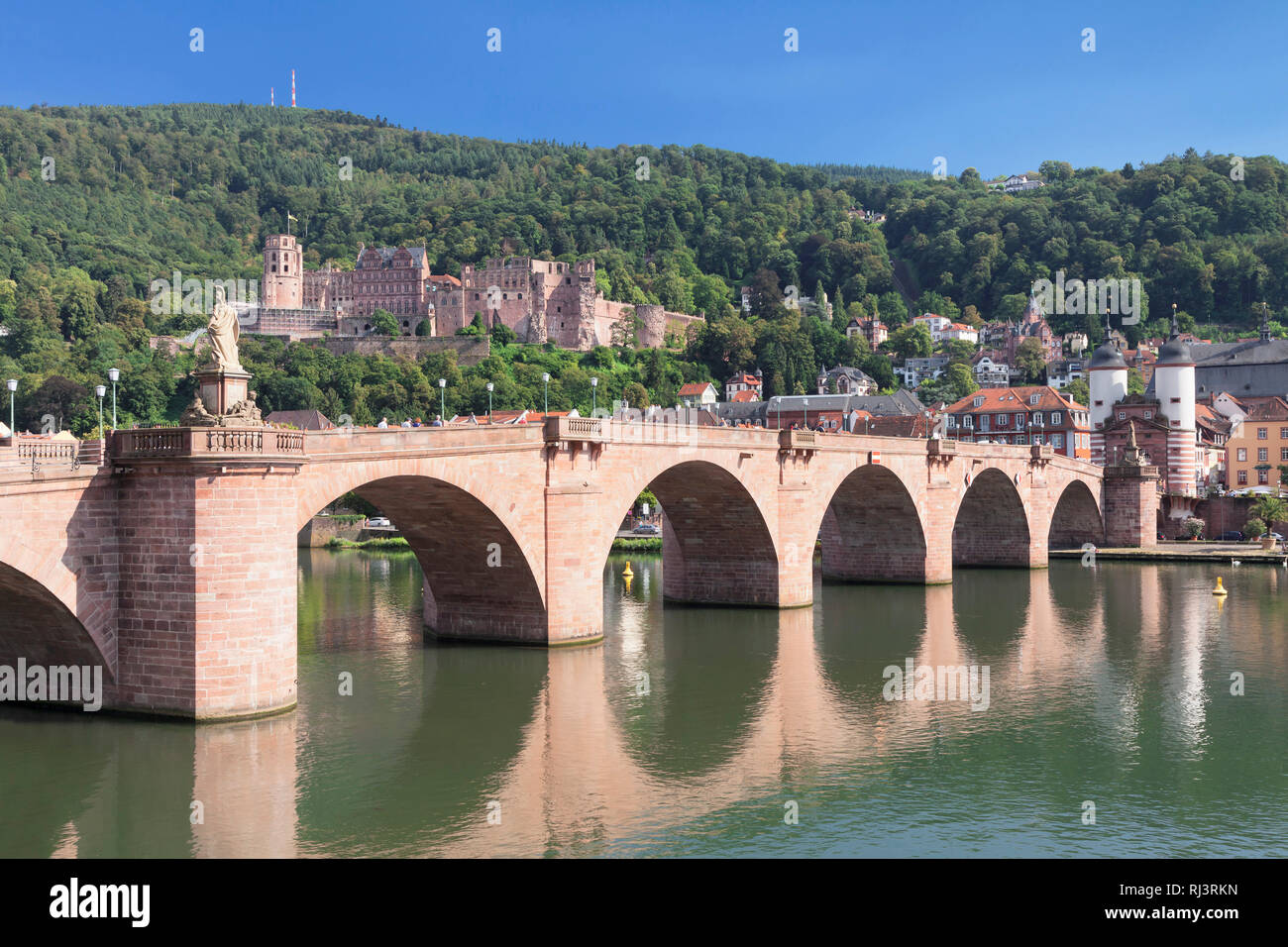 Blick über den Neckar auf die Altstadt mit Karl-Theodor-Brücke, Brückentor und Schloss, Heidelberg, Baden-Württemberg, Deutschland Stock Photo