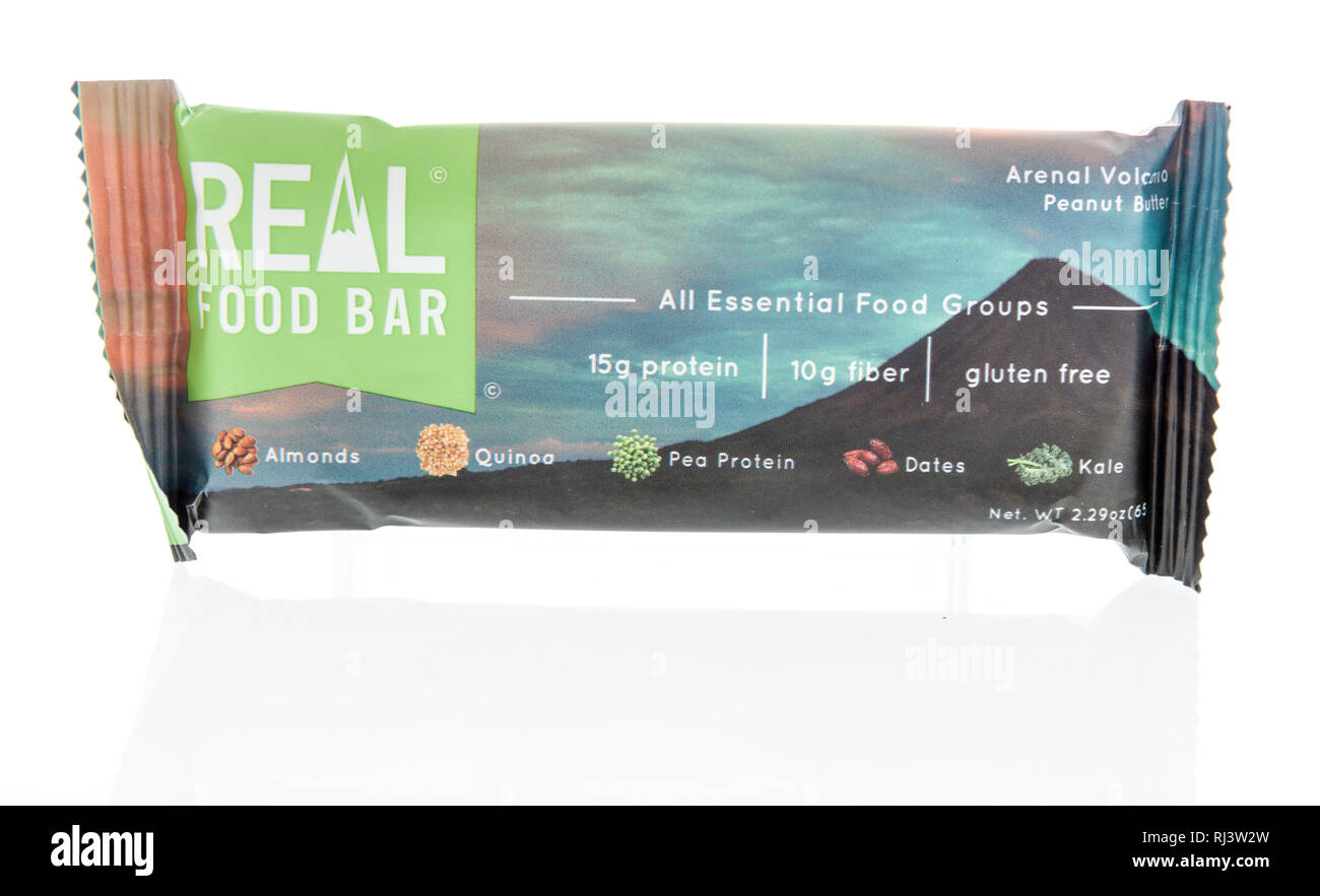 Winneconne, WI - 28 January 2019: A package of real food bar that contains all essnetial food groups on an isolated background Stock Photo