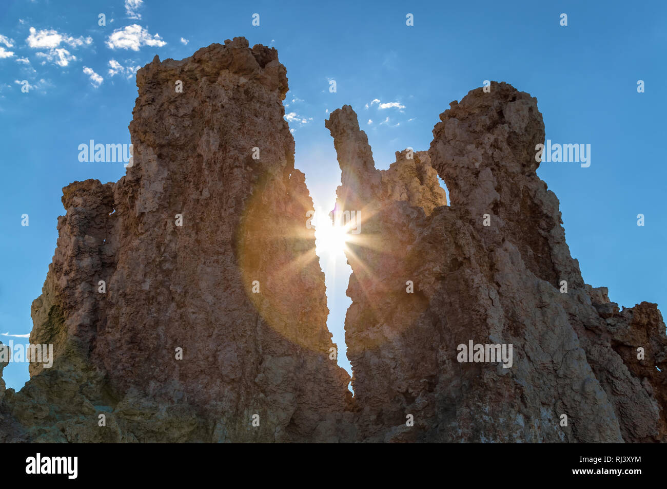 Sunlight shine through between tufa columns at Mono Lake, California, United States. Stock Photo