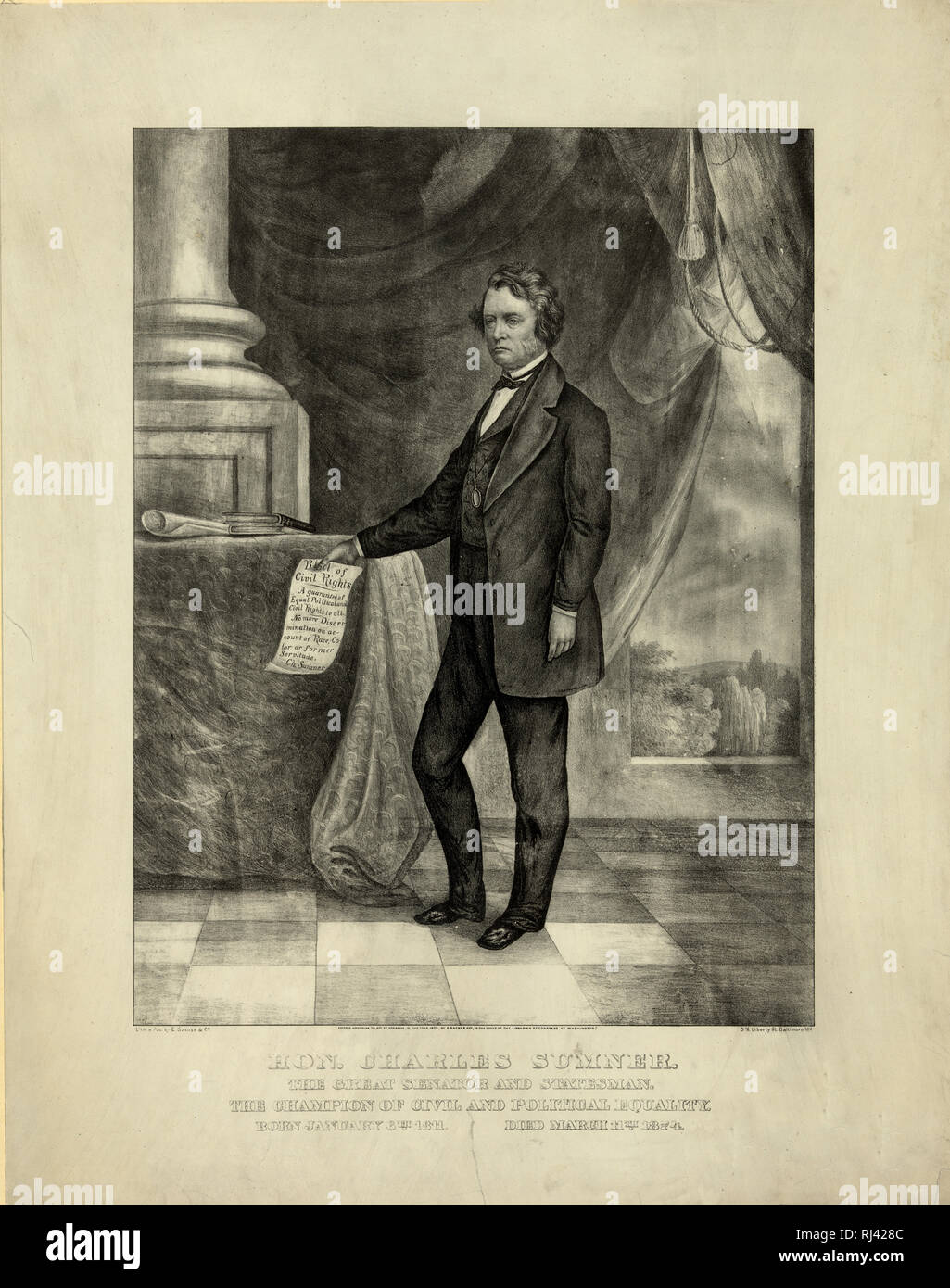 Hon. Charles Sumner. The great senator and statesman. The champion of civil and political equality. Born January 6th 1811. Died March 11th 1874. Stock Photo