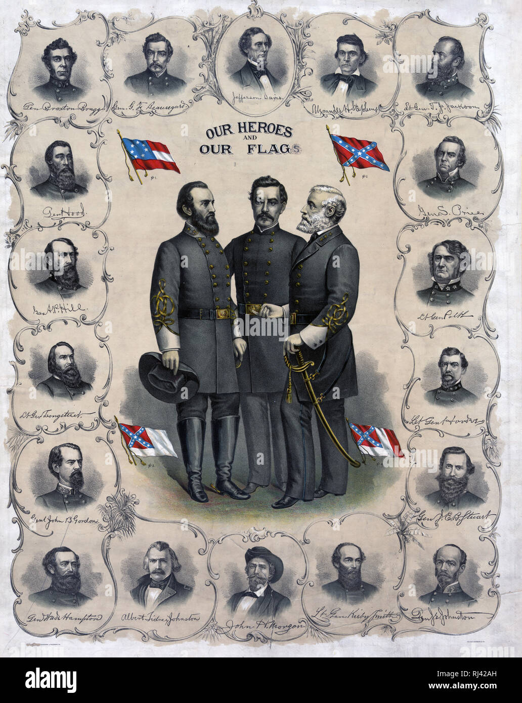 Print showing full-length portraits of Robert E. Lee, Stonewall Jackson, and G.T. Beauregard with four versions of the Confederate flag surrounded by bust portraits of Jefferson Davis and Confederate Army officers. Stock Photo