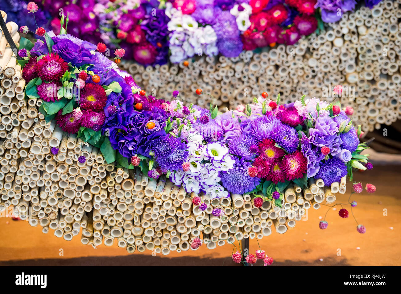 beautiful decoration floral composition or bouquet of seasonal chrysanthemum and eustoma flowers violet and purple colors with dogrose on bamboo sticks in arc shape Stock Photo