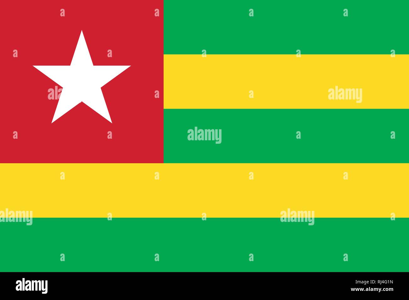 Vector Image of Togo Flag. Based on the official and exact Togo flag dimensions (3:2) & colors (354C, 115C, 186C, and White) Stock Vector