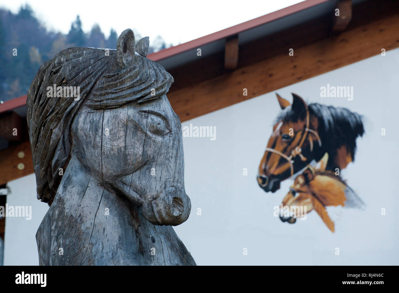Pferdeportrait, geschnitzt, gemalt Stock Photo