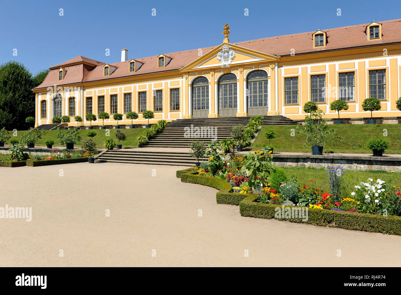 Obere Orangerie im Barockgarten Gro?sedlitz mit Orangenb?umchen als K?belpflanzen und bunter Rabattenbepflanzung, Stock Photo