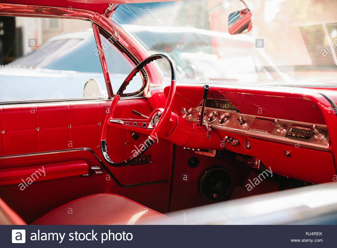 Red leather interior of vintage car Stock Photo Alamy