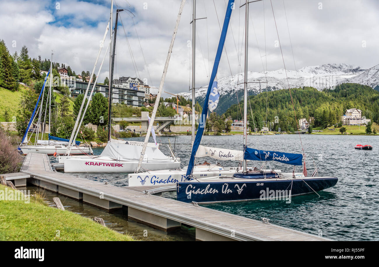 Sailing boats moored during the Match Race 2017, St.Moritz, Switzerland Stock Photo