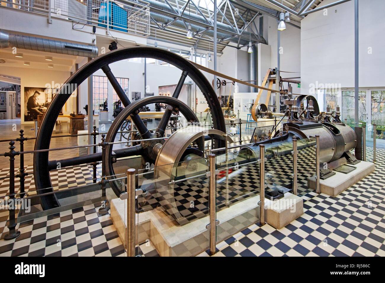 Interior view with a steam engine, German Tool Museum, Hasten, Remscheid, North Rhine-Westphalia, Germany Stock Photo