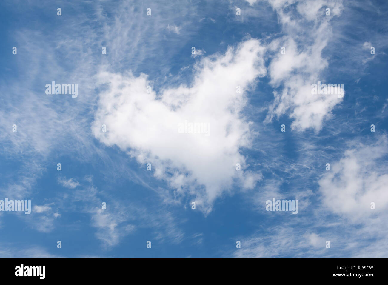 White clouds heart shape authentic formation cumulus and cirrus on blue sky, cloudscape and sunny weather in, nobody, Stock Photo