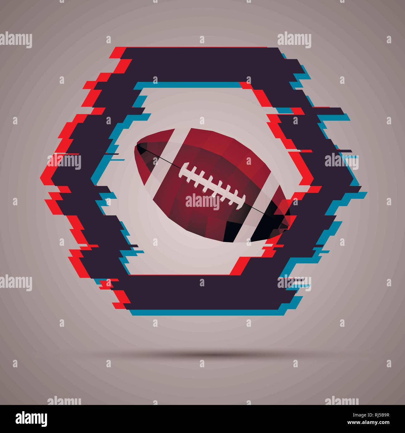 Stylish sport vector banner with american football ball and hexagon in glitch style. Stock Vector