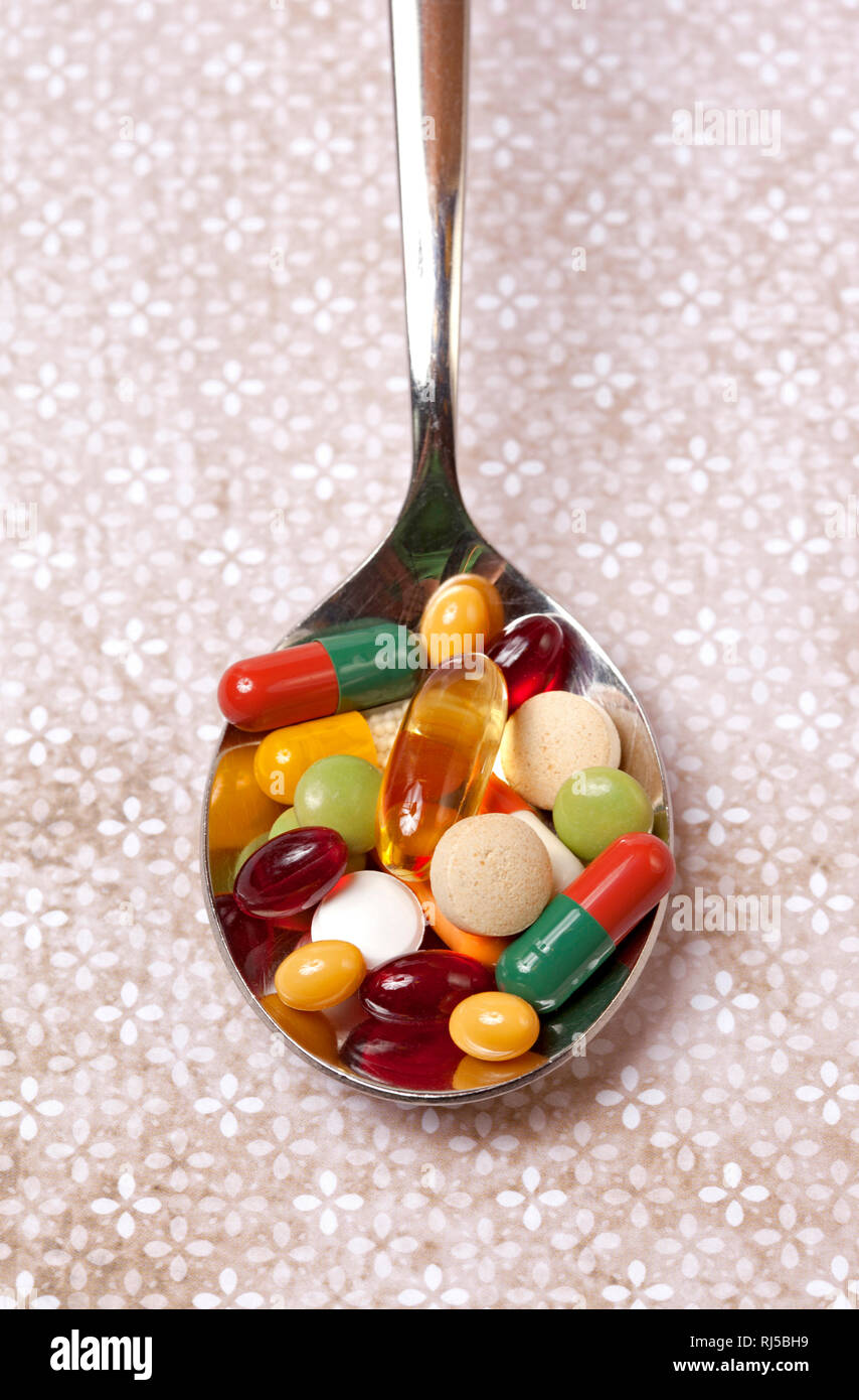 Tabletten, Löffel, Medizin, Gesundheit, Symbol Stock Photo
