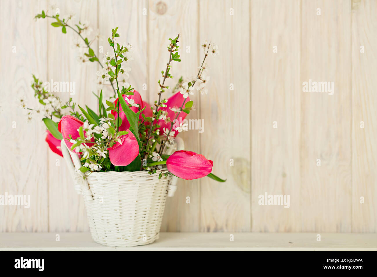 Spring bouquet of pink tulips with branches of a blossoming tree on a ...