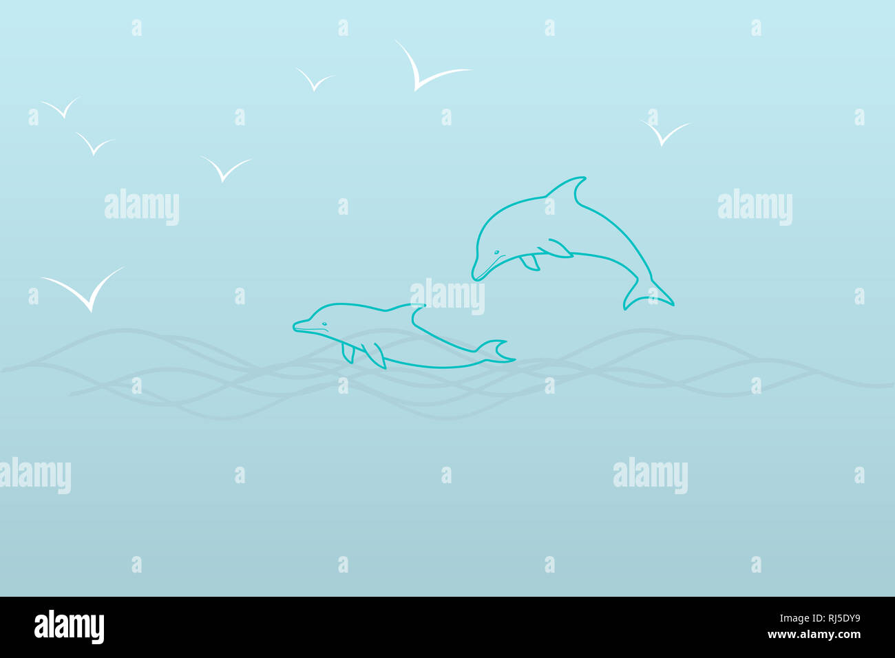 Simple nautical illustration of a circuit in shades of blue – two dolphins in the waves and seagulls Stock Photo