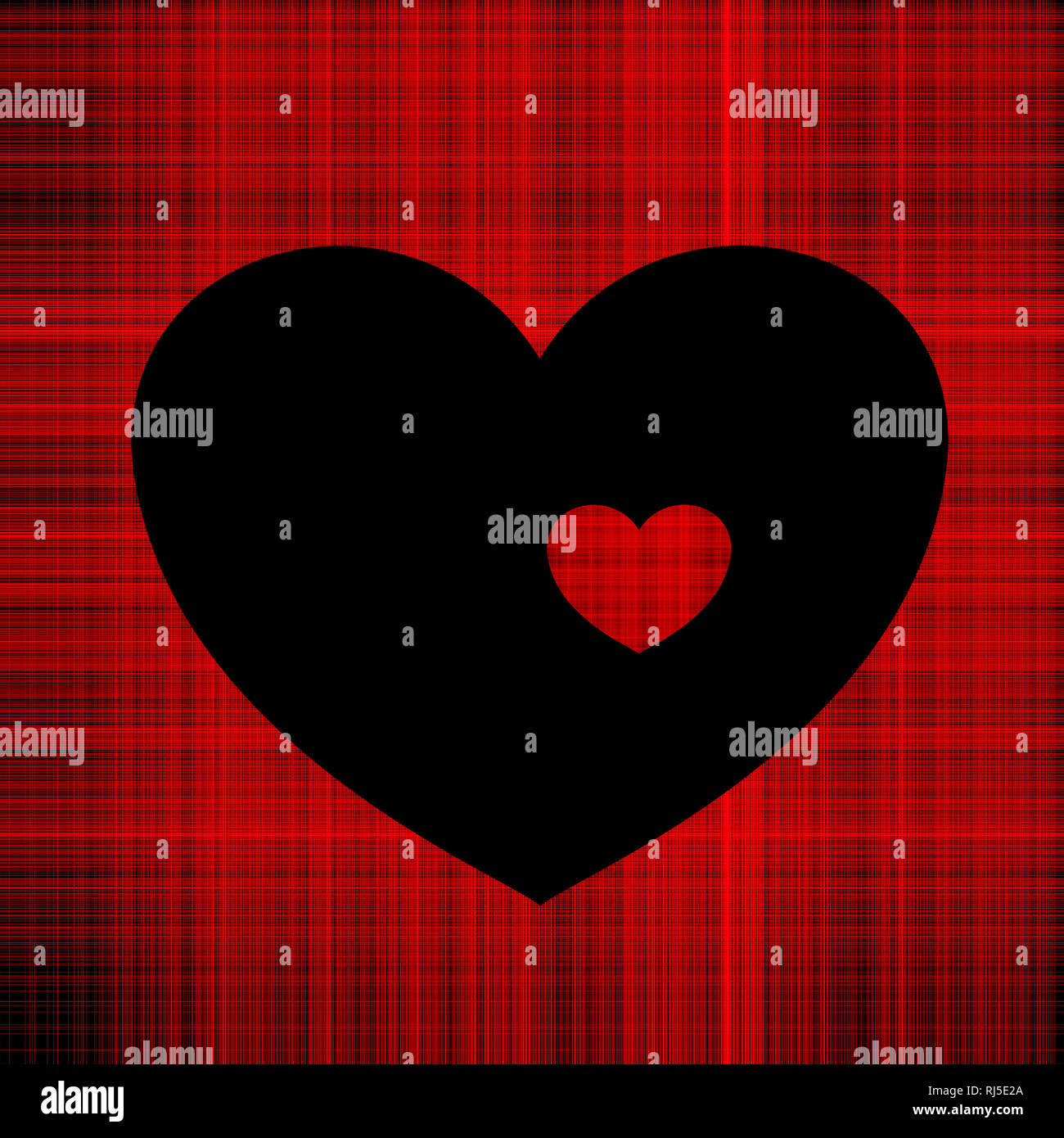 Contrast illustration of Valentine's day black heart on the background of red intertwined threads inside a small red heart of threads Stock Photo