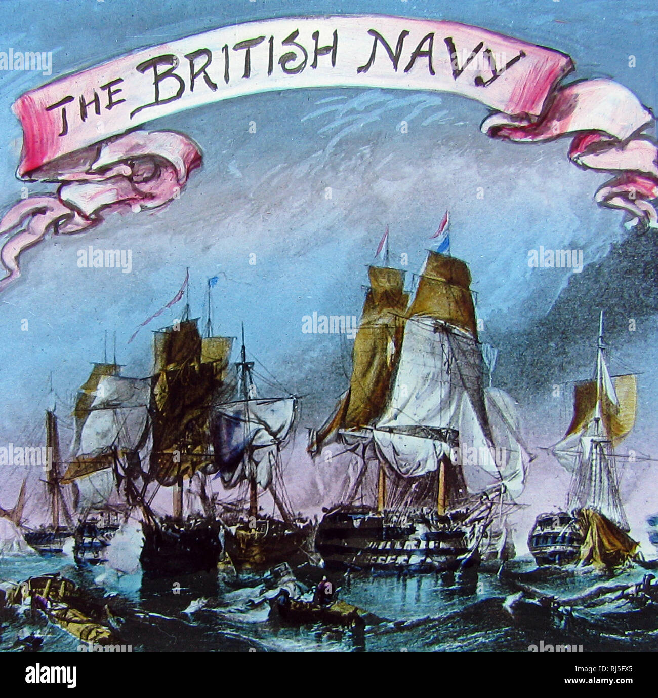 Magic lantern slide of the Battle of Trafalgar, British Navy Stock Photo