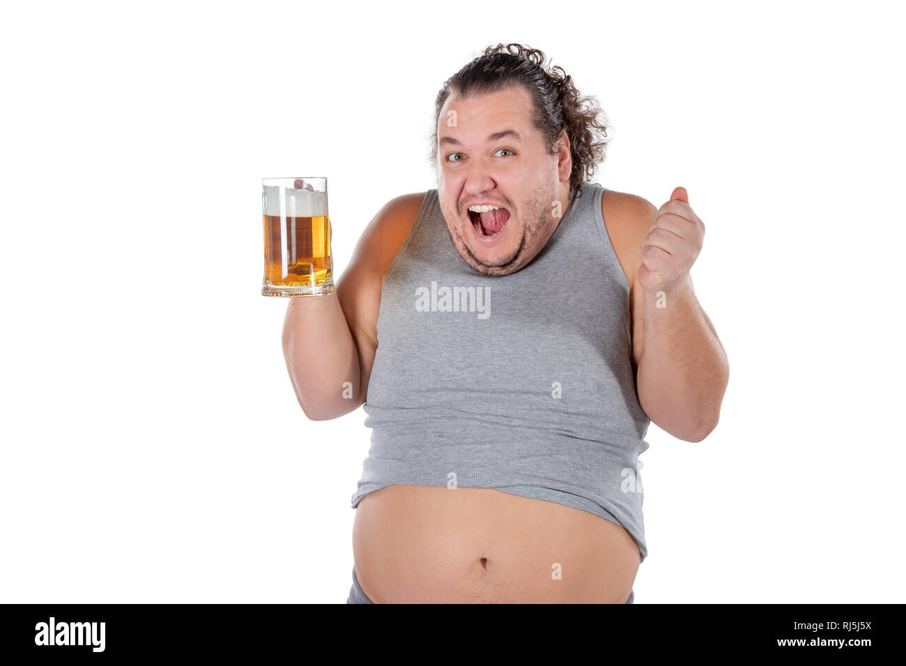 Funny fat man feeling happy and relaxed, holding fresh cold beer in his  hands Stock Photo - Alamy