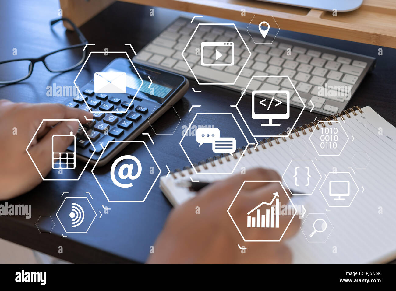 Man using  tablet computer  virtual interface graphic icons network diagram Digital marketing Stock Photo