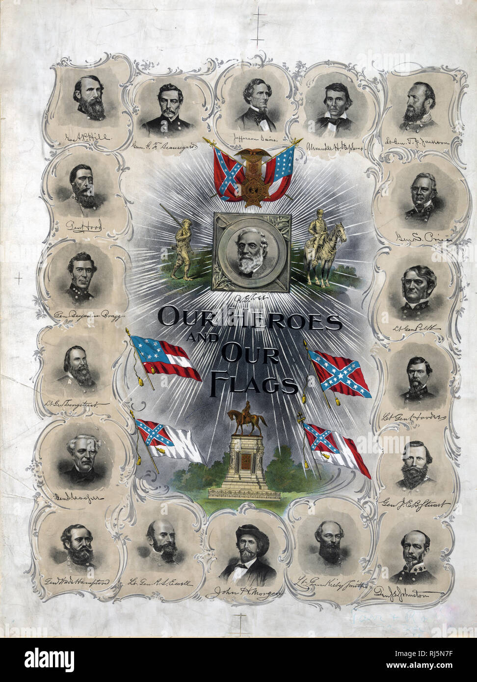 Memorial print for the Confederacy, published 30 years after the end of the American Civil War. Portraits, clockwise from top center, of 'Jefferson Davis, Alexander H. Stephens, Lt. Gen. T.J. [Stonewall] Jackson, Gen. S. Price, Lt. Gen. Polk, Lt. Gen. Hardee, Gen J.E.B. Stuart, Gen. J.E. Johnston, Lt. Gen. Kirby Smith, John H. Morgan, Lt. Gen. R.S. Ewell, Gen. Wade Hampton, Gen. S. Cooper, Lt. Gen. Longstreet, Gen. Benjamin [i.e., Braxton] Bragg, Gen. Hood, Gen. A.P. Hill, [and] Gen. G.F. [i.e., G.T.] Beauregard,' surround the central image of Robert E. Lee, an equestrian statue, and four Conf Stock Photo
