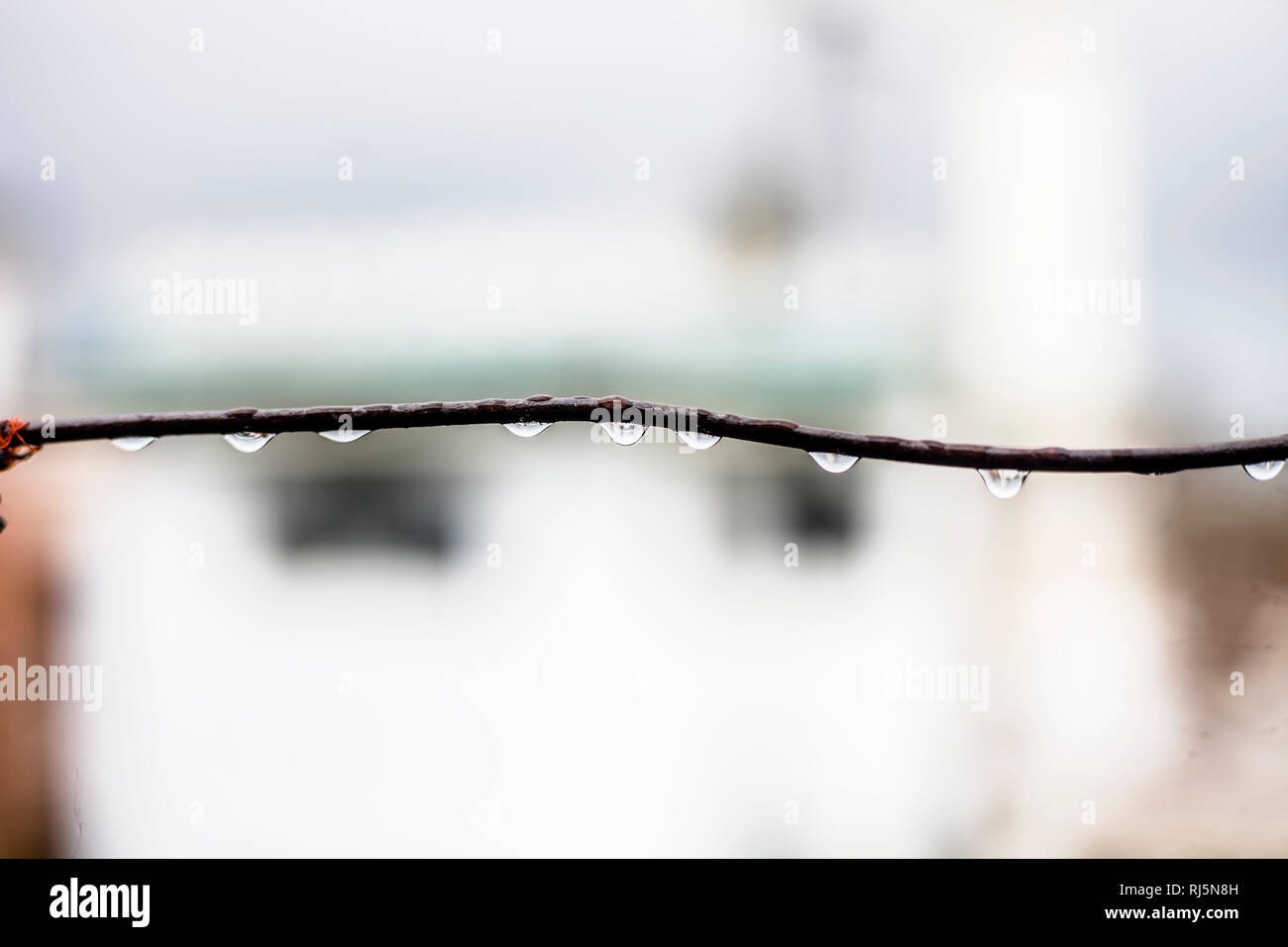 Close up or Macro shot of water droplets on the washing line during