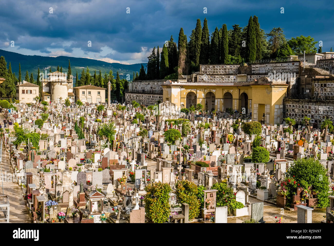 Tombs and graves of the main cemetary, Cimitero urbano di Arezzo, located outside the city wall of the medieval town Stock Photo