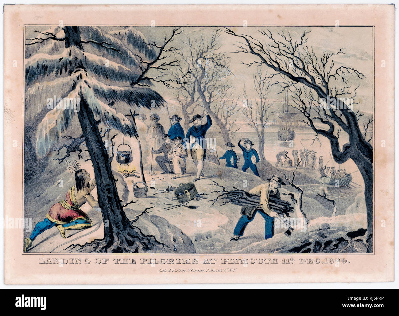 Print shows a Native man, hiding on the left, watching the Pilgrims around a campfire with small cauldron; a man with hatchet is gathering firewood and more Pilgrims are coming ashore from the Mayflower, in a winter scene with snow-covered landscape. Stock Photo