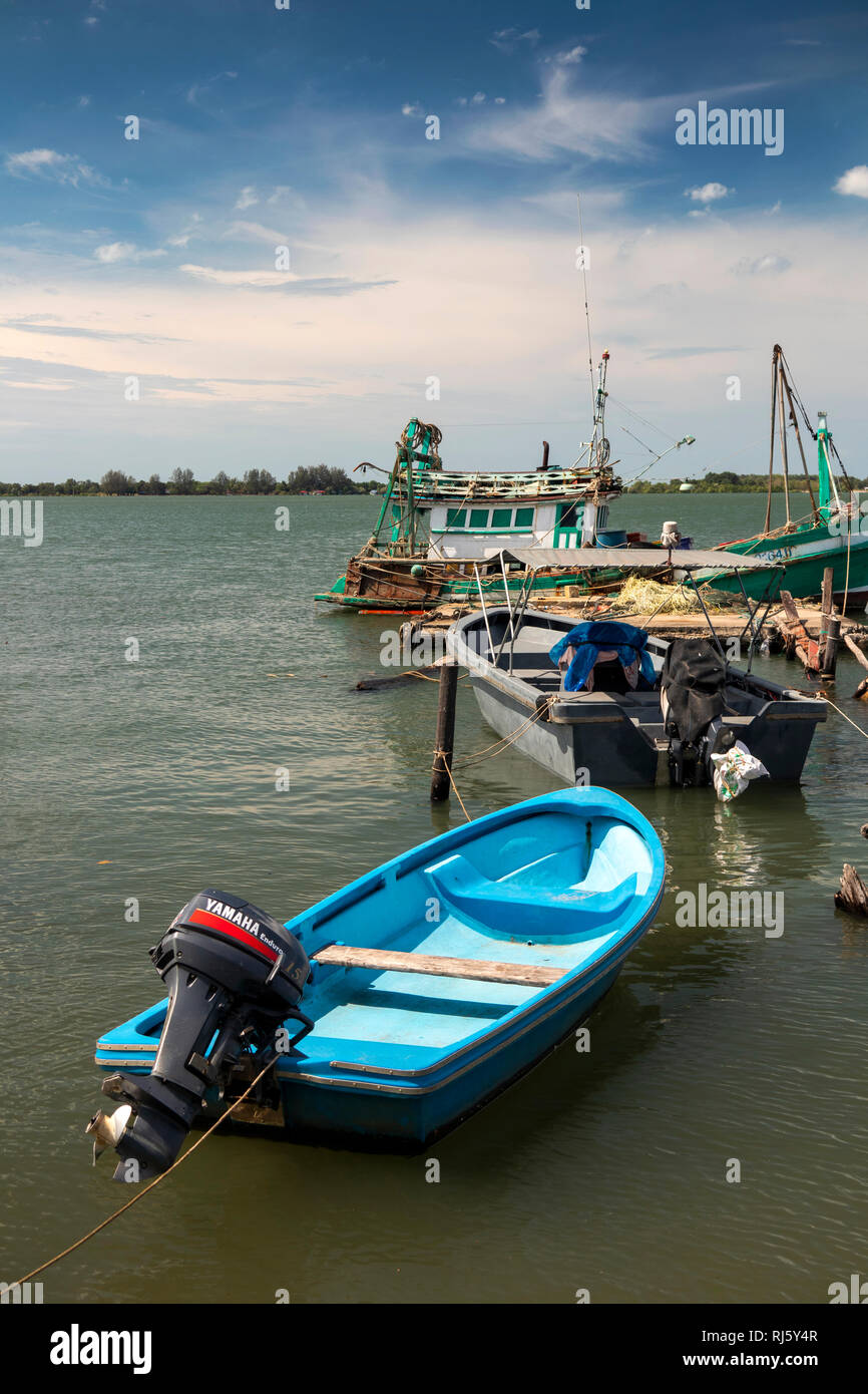 Cambodia, Preah Koh Kong, colourful fishing boats moored onPrek Kaoh Pao river Stock Photo