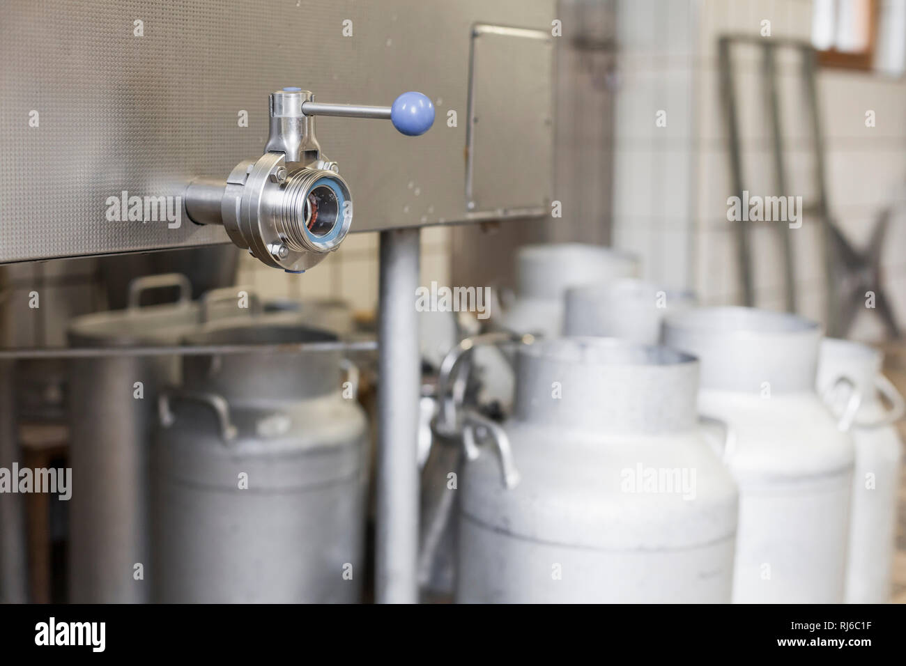 Die Sennerin verarbeitet frische Milch zu würzigem Alm-Käse, Reinigung der für die Käseproduktion benötigen Gegenstände, Abfüllanlage Stock Photo