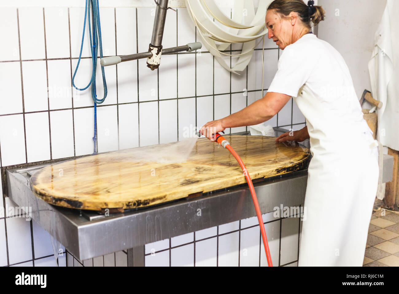 Die Sennerin verarbeitet frische Milch zu würzigem Alm-Käse,  Reinigung der für die Käseproduktion benötigen Gegenstände, Stock Photo