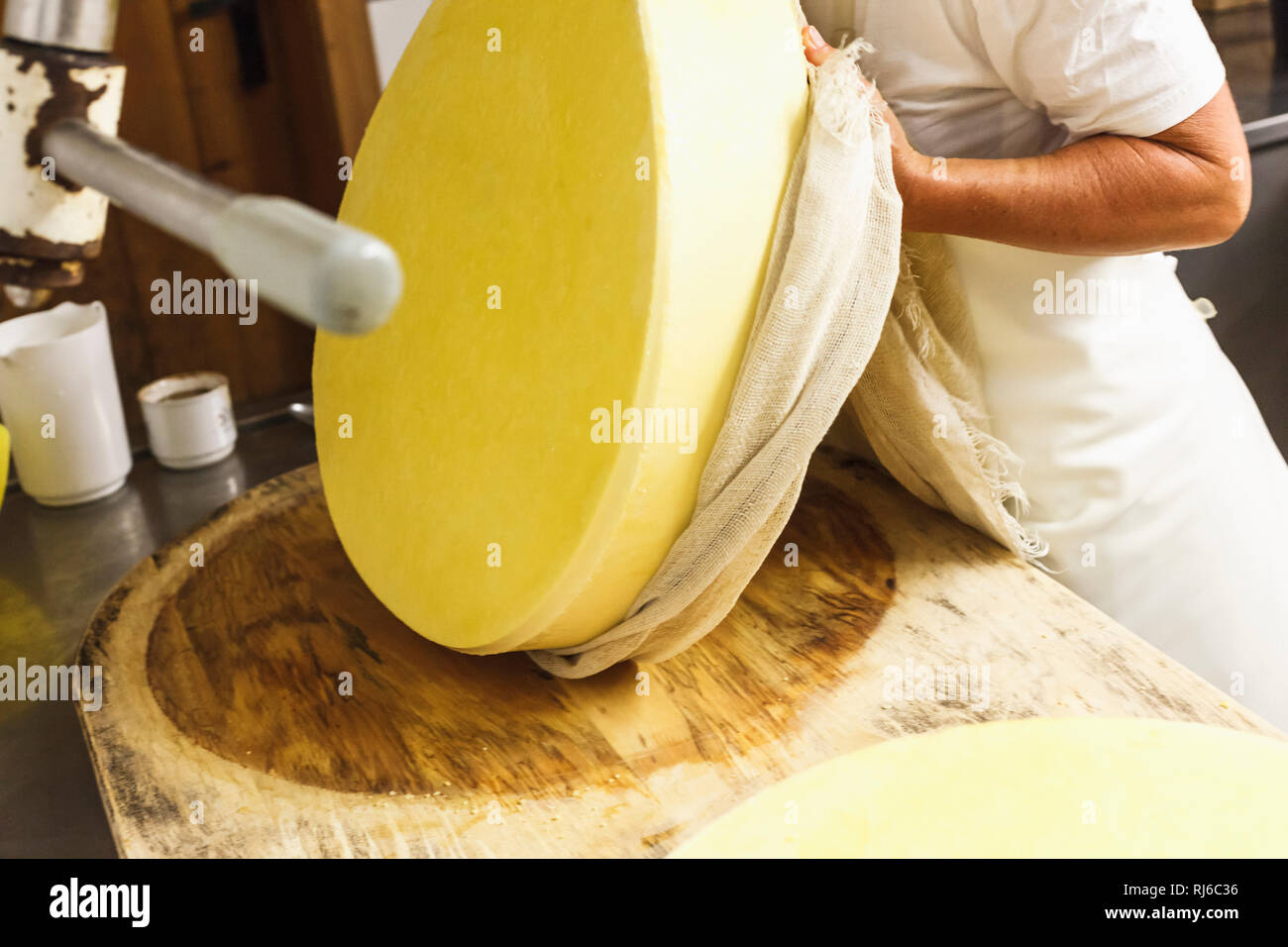 Die Sennerin verarbeitet frische Milch zu würzigem Alm-Käse, Von der Milch zum Käse, Stock Photo